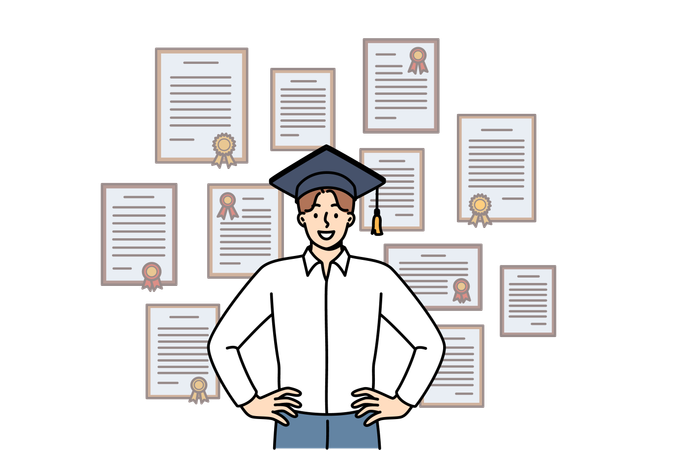 Man graduate stands in academic hat near wall with diplomas from advanced business courses  Illustration