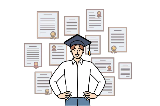 Man graduate stands in academic hat near wall with diplomas from advanced business courses  Illustration