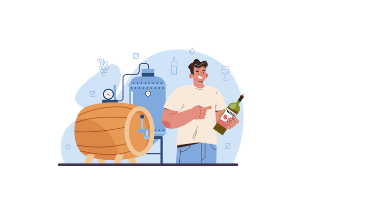Man Grape wine aging in wood barrel  Illustration