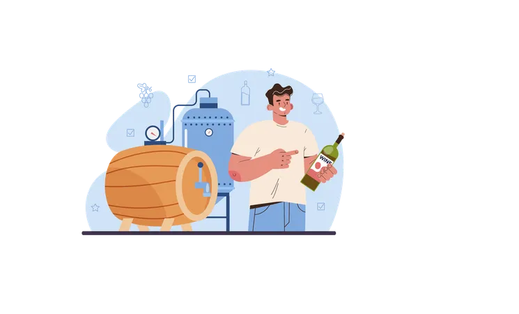 Wine Maker Concept Grape Wine Aging In A Wood Barrel Wine Factory Production Grape Fermantation And Bottling Flat Vector Illustration Illustration