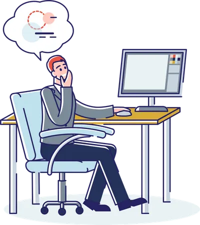 Man Graphic Designer Thinking At Website Design Decision And Ux Interface At Workplace Seo Specialist Analyzing Web Site Creative Manager Working Cartoon Linear Vector Illustration Illustration