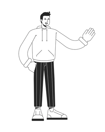 Confident Stylish Man Greeting Monochromatic Flat Vector Character Linear Hand Drawn Sketch Editable Full Body Person Simple Black And White Spot Illustration For Web Graphic Design And Animation Illustration