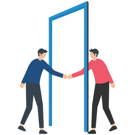 Man greeting the guest and handshake with open door  Illustration