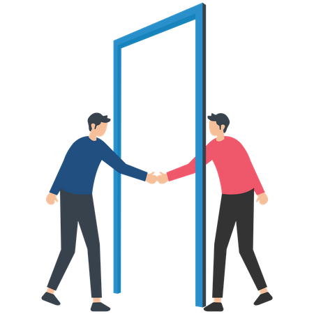 Man greeting the guest and handshake with open door  Illustration