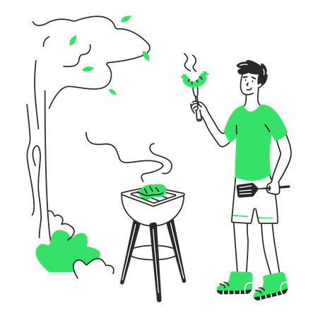 Man grills sausages and barbecues  Illustration