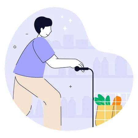 Man grocery shopping with cart  Illustration