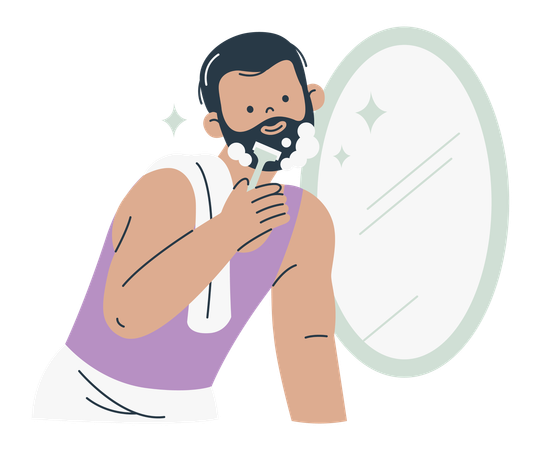 Man Grooming While Shaving in Front of Mirror  Illustration