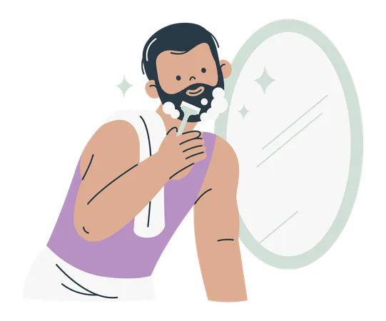 Man Grooming While Shaving in Front of Mirror  Illustration