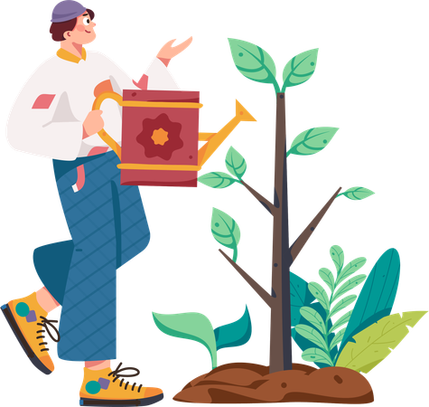 Man growing small plants to save environment  Illustration