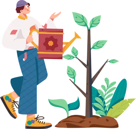 Man growing small plants to save environment  Illustration