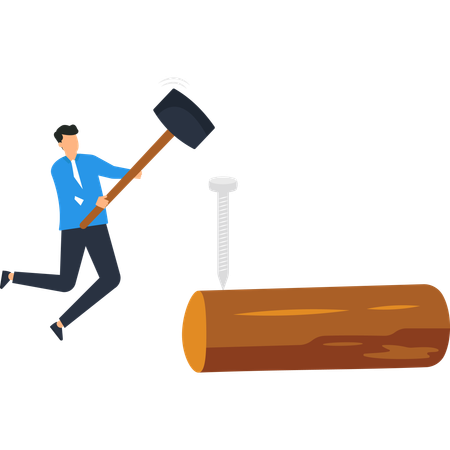 Man hammering nail into wood log  Illustration