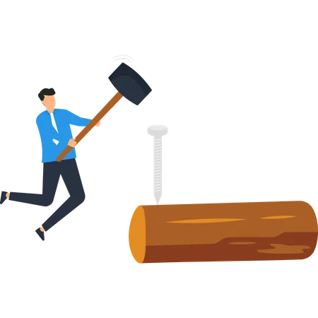 Man hammering nail into wood log  Illustration
