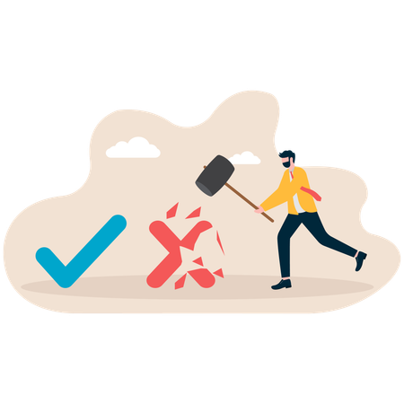 Man hammering red button which means refuse  Illustration