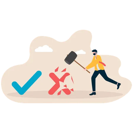 Man hammering red button which means refuse  Illustration