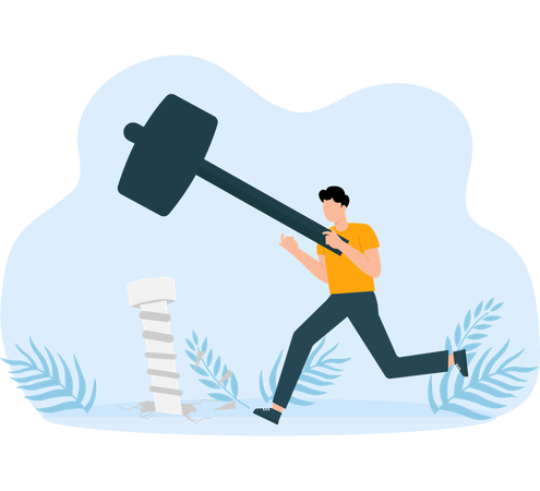 Man hand holding hammer and hitting screw at work and failure to achieve goal  Illustration