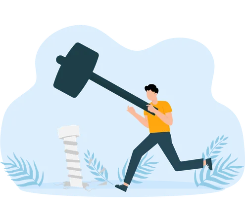 Man hand holding hammer and hitting screw at work and failure to achieve goal  Illustration