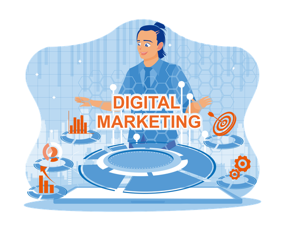 Man hand pressing digital marketing icon button on virtual screen. Entrepreneurs create advertising and digital marketing on the Internet to improve business technology. Digital marketing networking on modern interface concept.  Illustration