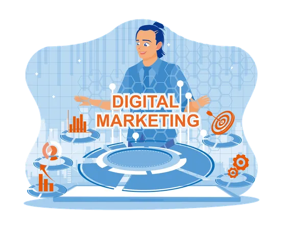 Man hand pressing digital marketing icon button on virtual screen. Entrepreneurs create advertising and digital marketing on the Internet to improve business technology. Digital marketing networking on modern interface concept.  Illustration