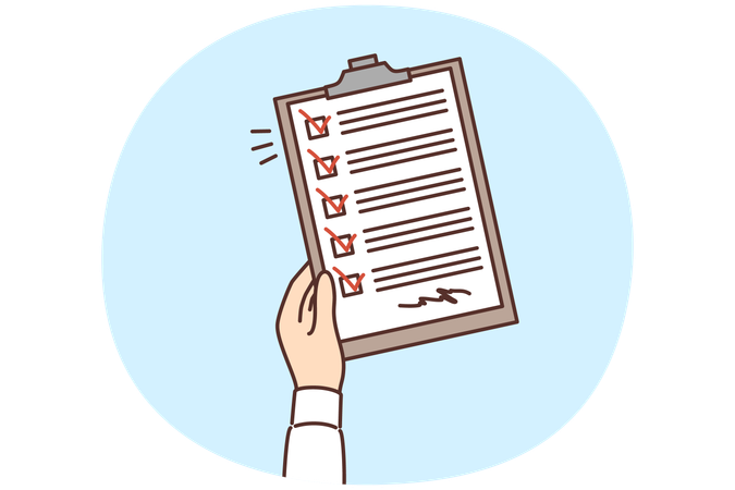 Man hand with clipboard with questionnaire consisting of checkboxes and signature  Illustration