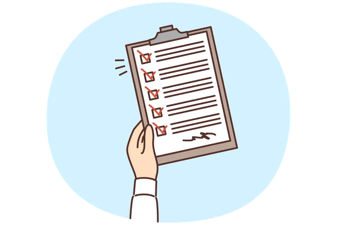 Man hand with clipboard with questionnaire consisting of checkboxes and signature  Illustration