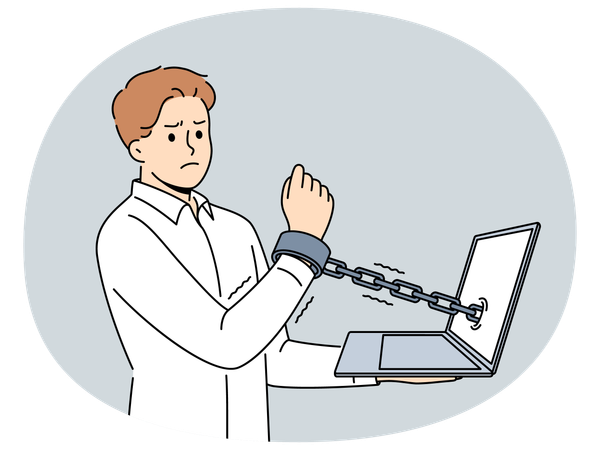 Man handcuffed to laptop symbolizes slavery of clerks and freelancers working through internet  Illustration