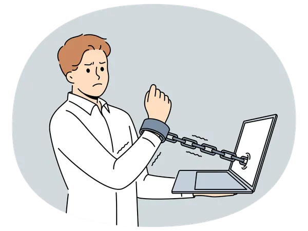 Man handcuffed to laptop symbolizes slavery of clerks and freelancers working through internet  Illustration