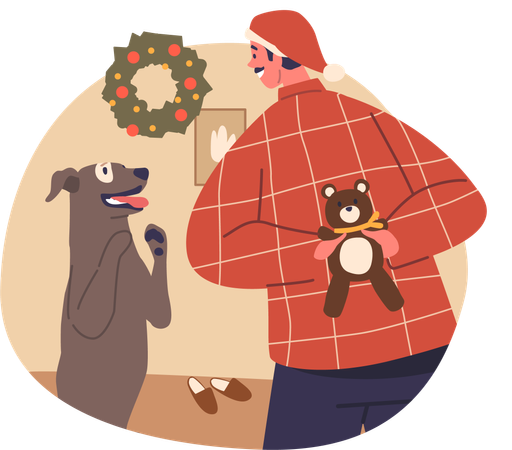 Man Hands Christmas Gift Toy To His Loyal Dog With Smile On Face  Illustration