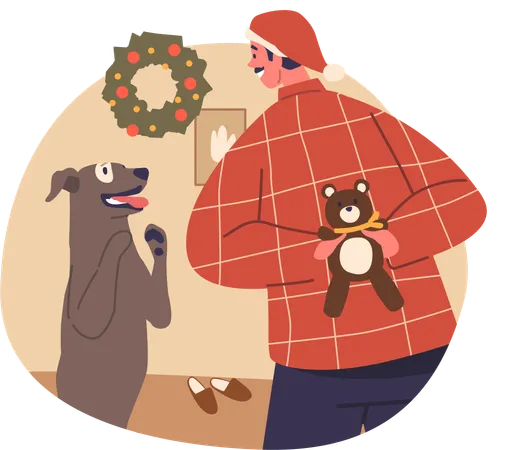 Man Hands Christmas Gift Toy To His Loyal Dog With A Smile On His Face Character Eagerly Anticipating The Joy And Happiness It Will Bring To Their Special Bond Cartoon People Vector Illustration Illustration