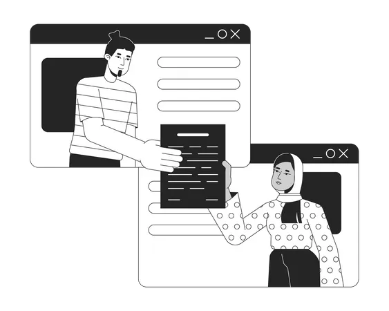 Man Hands Over Document To Woman Bw Concept Vector Spot Illustration Freelancers In Browser Window 2 D Cartoon Flat Line Monochromatic Character For Web UI Design Editable Isolated Outline Hero Image Illustration