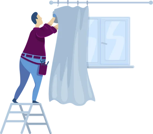 Handyperson Flat Color Vector Faceless Character Man Hanging Curtains Guy Near Window With Drapery House Improvement Interior Decorating Home Repairs Isolated Cartoon Illustration Illustration