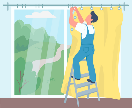 Man hanging curtains  Illustration