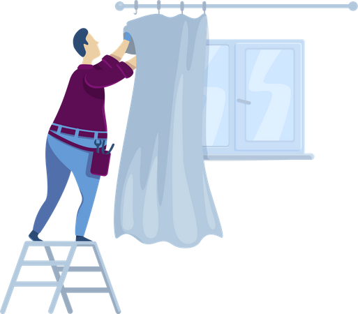 Man hanging curtains  Illustration