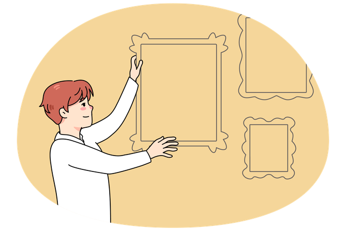 Man hanging frames on wall  Illustration