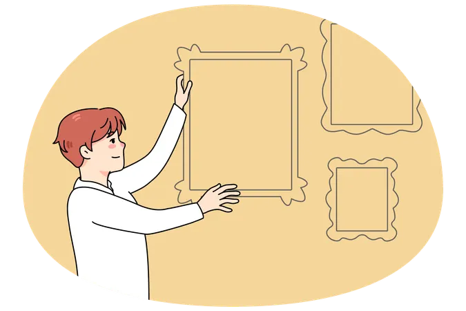 Man hanging frames on wall  Illustration