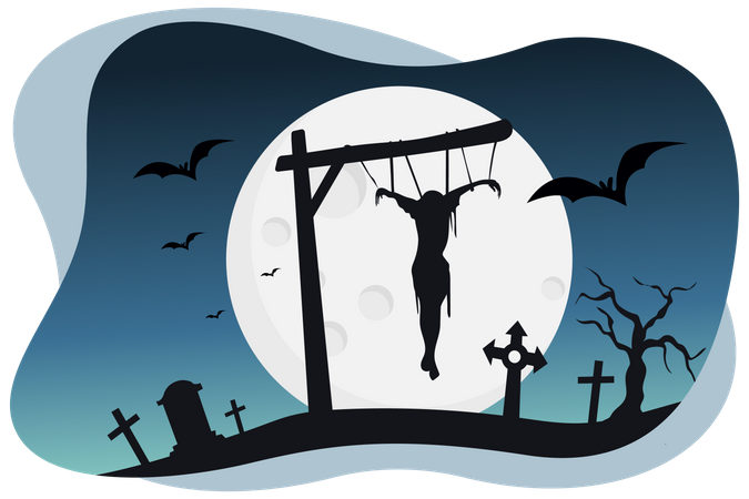 Man hanging in graveyard  Illustration