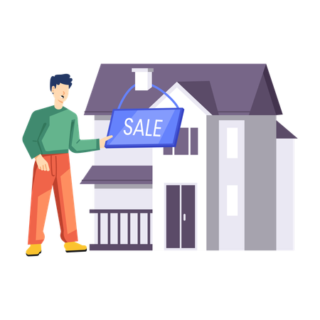 Man hanging sale board on home for property selling  Illustration