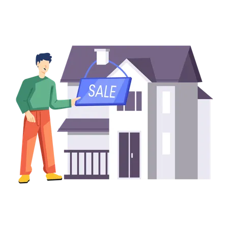 Man hanging sale board on home for property selling  Illustration