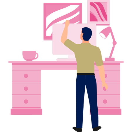 Man hanging something at his workplace  Illustration