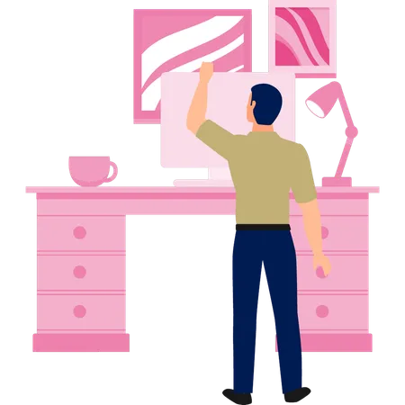 Man hanging something at his workplace  Illustration