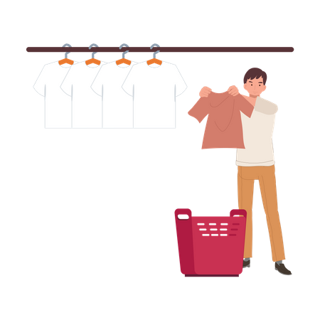 Man hanging wet clothes out to dry  イラスト