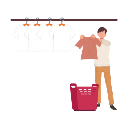 Man hanging wet clothes out to dry  イラスト