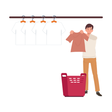 Man hanging wet clothes out to dry  Illustration