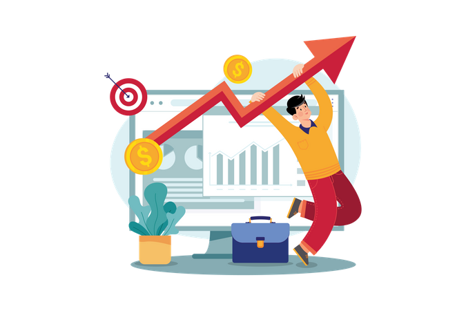 Man hangs on the rising arrow  Illustration