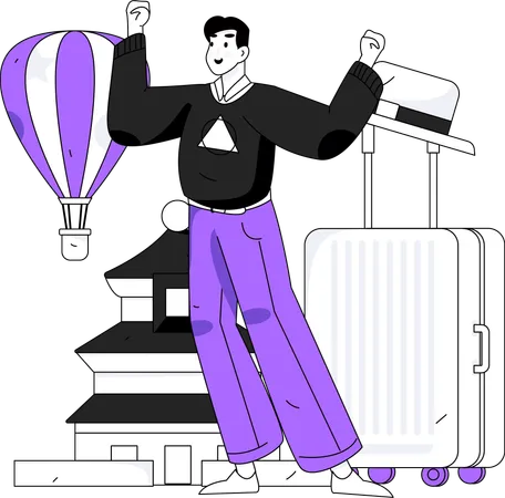 Man happy for international trip  Illustration