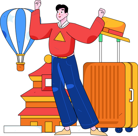 Man happy for international trip  Illustration