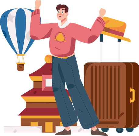 Man happy for international trip  Illustration