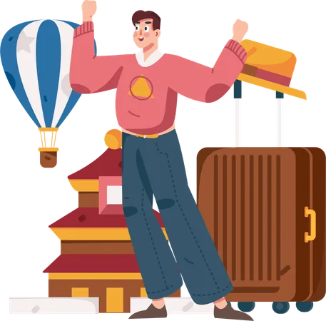 Man happy for international trip  Illustration