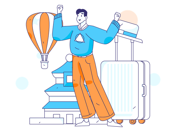 Man happy for international trip  Illustration