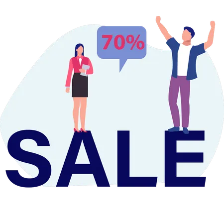 Man happy on 70 percentage sale offer  Illustration