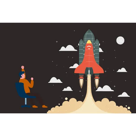 Man happy to see rocket launch  Illustration